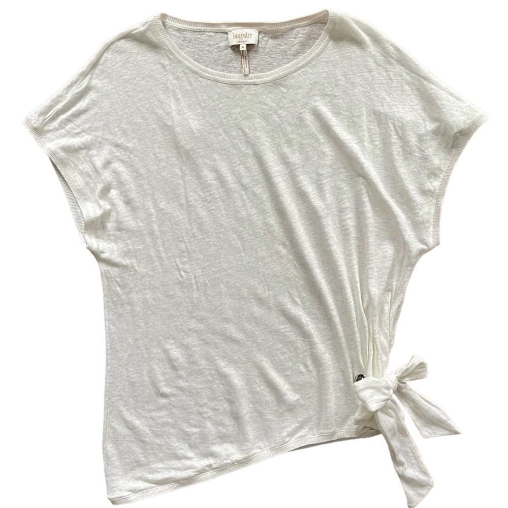 Laundry by Shelli Segal 100% Linen White Side Tie Tee Medium